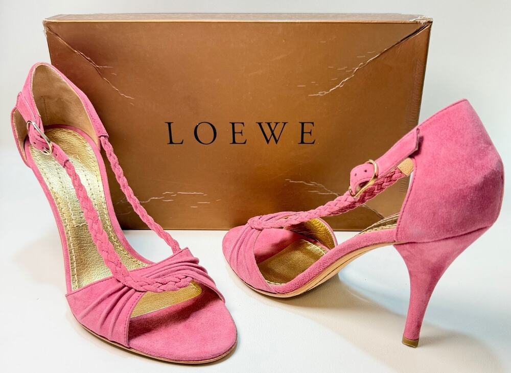 Loewe Fuchsia Suede Braided T-Strap Sandalia 85mm High Heels Sandals Size 37.5